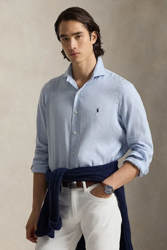 Polo Ralph Lauren риза мъжка от вълна синя с изчистена шарка 710B16696