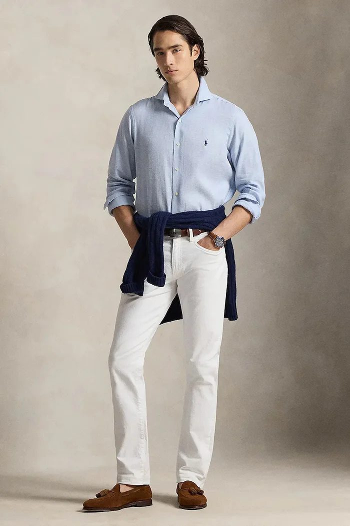 Polo Ralph Lauren риза мъжка от вълна синя с изчистена шарка 710B16696