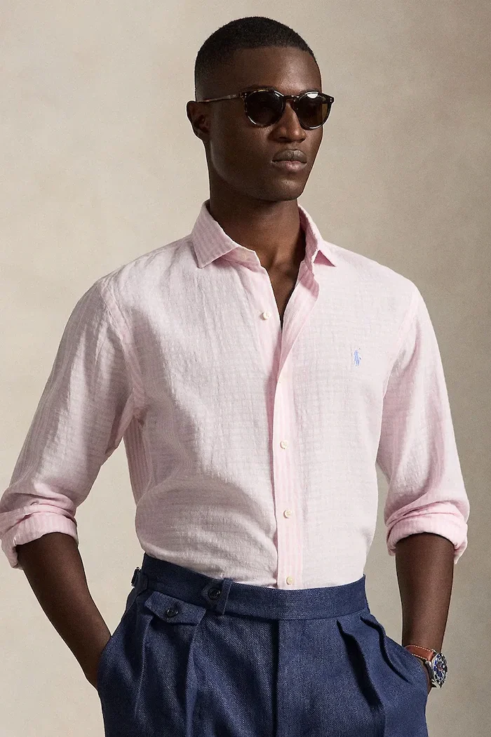 Polo Ralph Lauren риза мъжка с лен розова на райе 710B16700