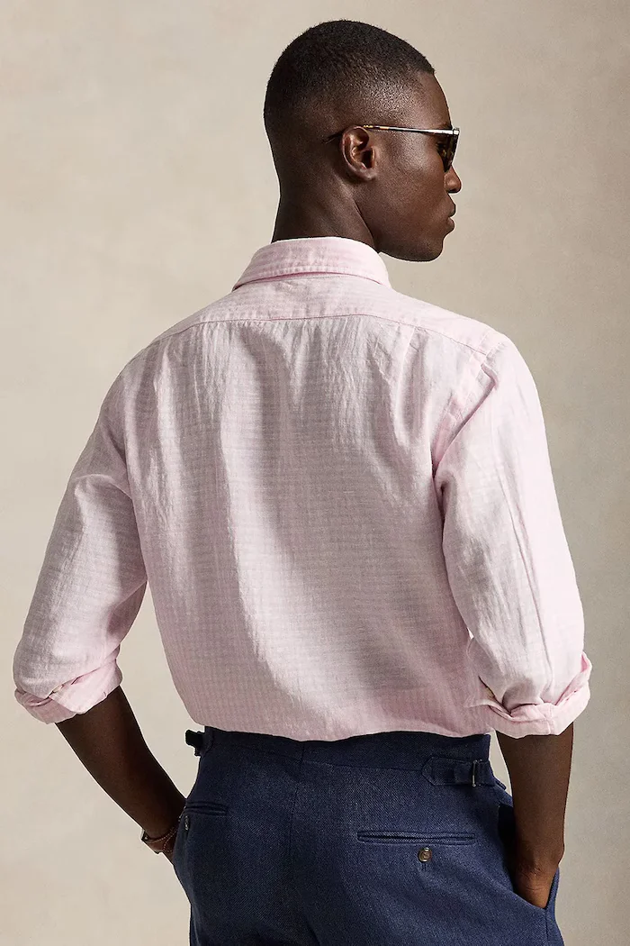Polo Ralph Lauren риза мъжка с лен розова на райе 710B16700