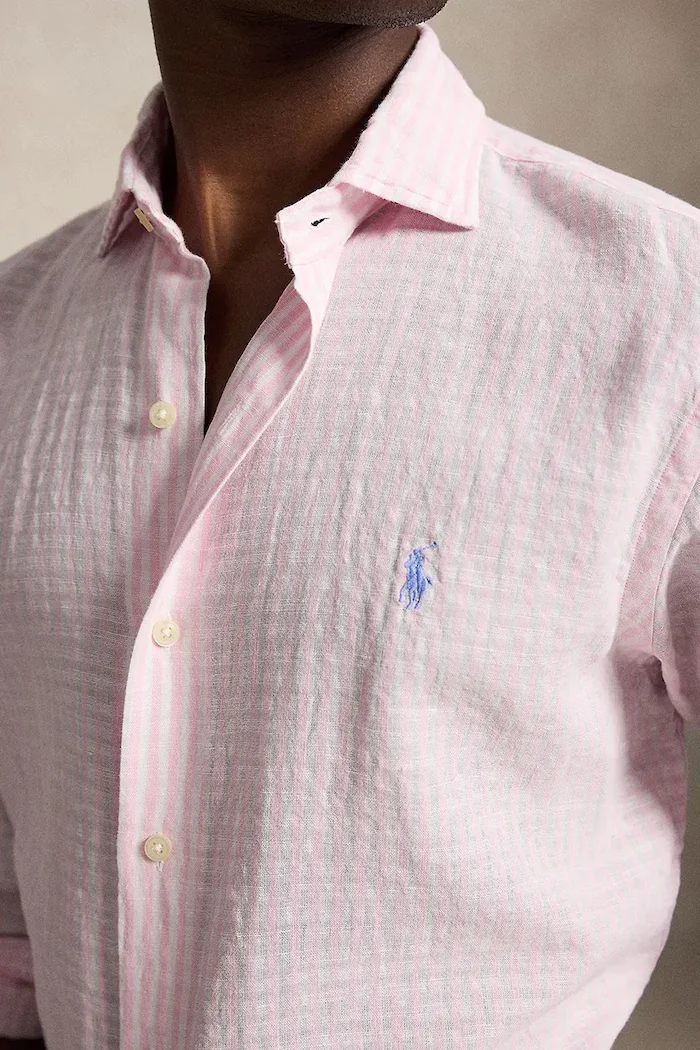 Polo Ralph Lauren риза мъжка с лен розова на райе 710B16700