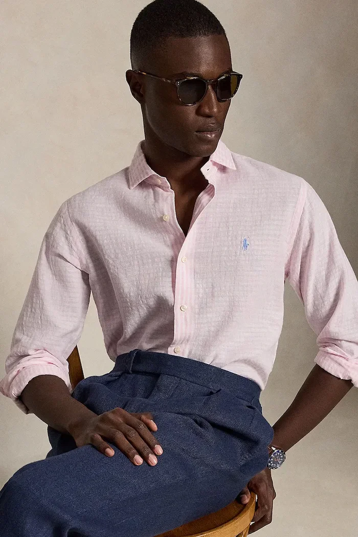 Polo Ralph Lauren риза мъжка с лен розова на райе 710B16700