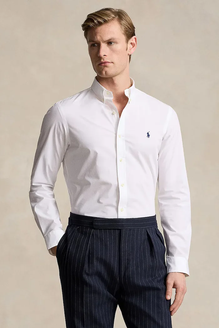 Polo Ralph Lauren Риза мъжка в бяло с кройка по тялото с яка с копче