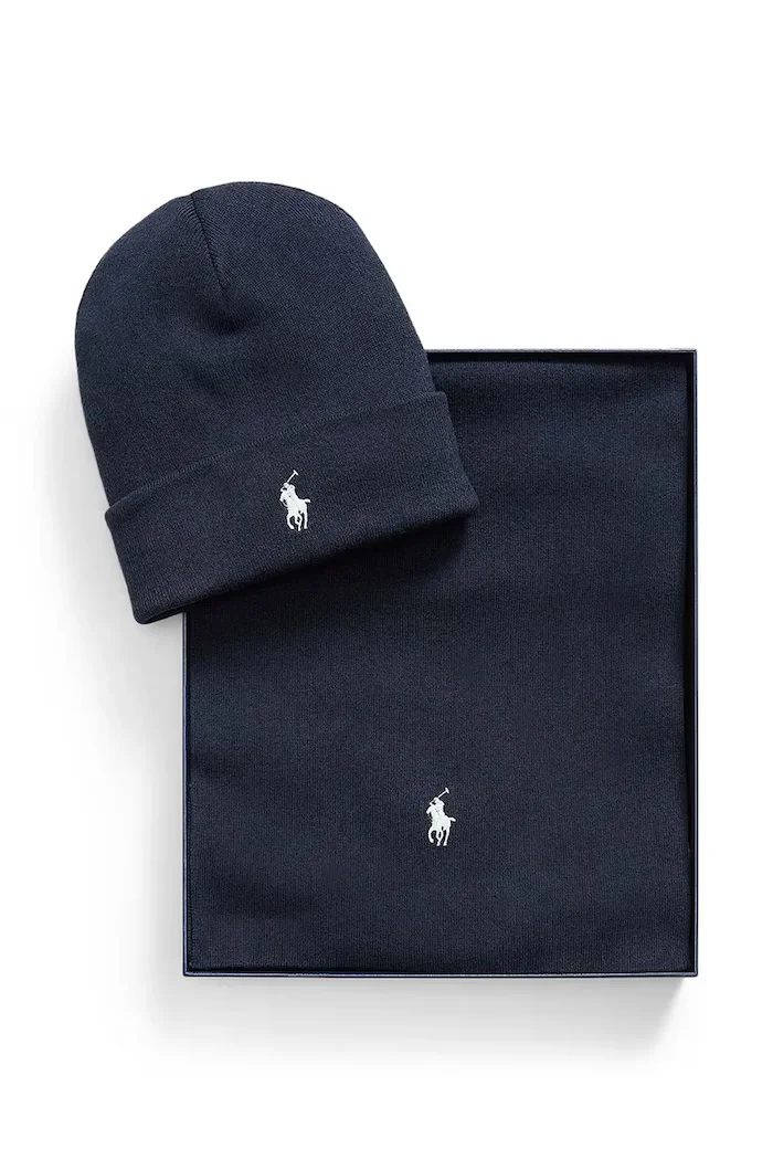 Polo Ralph Lauren шапка и шал мъжки от памук тъмносин 710B28980