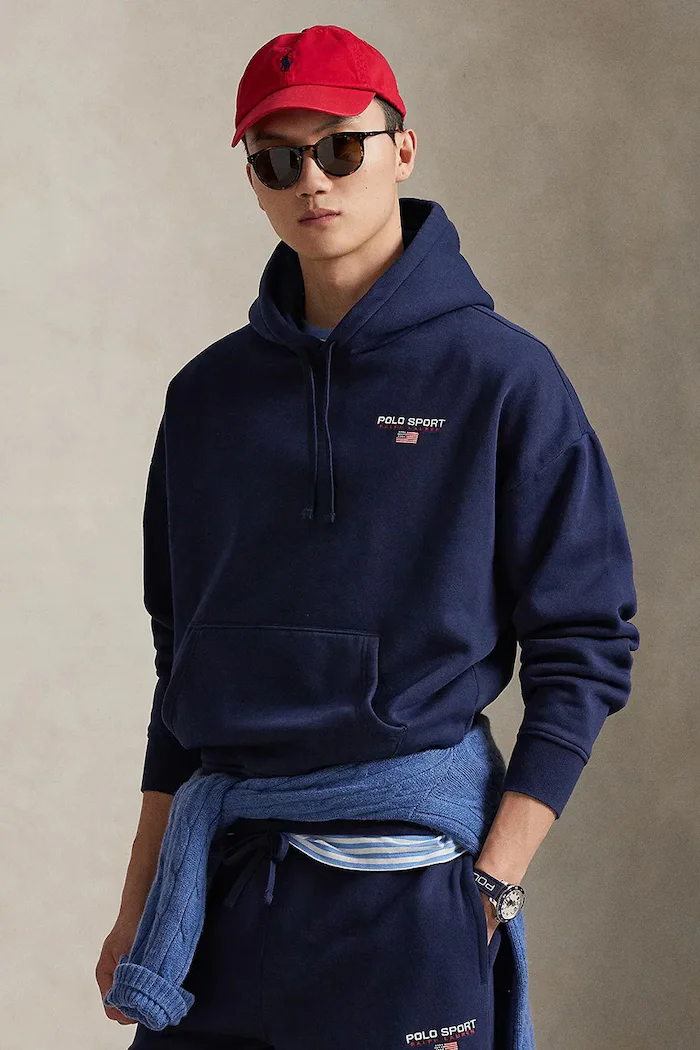 Polo Ralph Lauren Суичър с памук в тъмносиньо с качулка с изчистен дизайн 710B14761