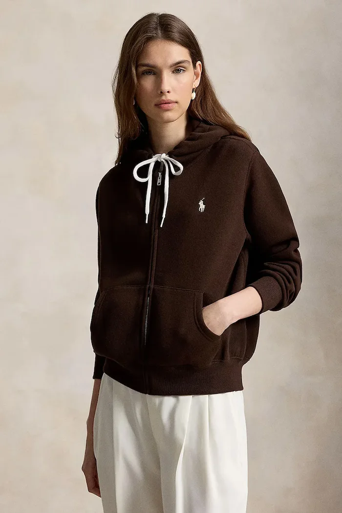 Polo Ralph Lauren суичър с цип и качулка дамски с памук кафяв 211971699