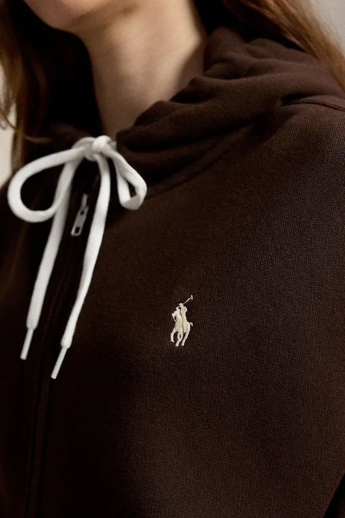Polo Ralph Lauren суичър с цип и качулка дамски с памук кафяв 211971699