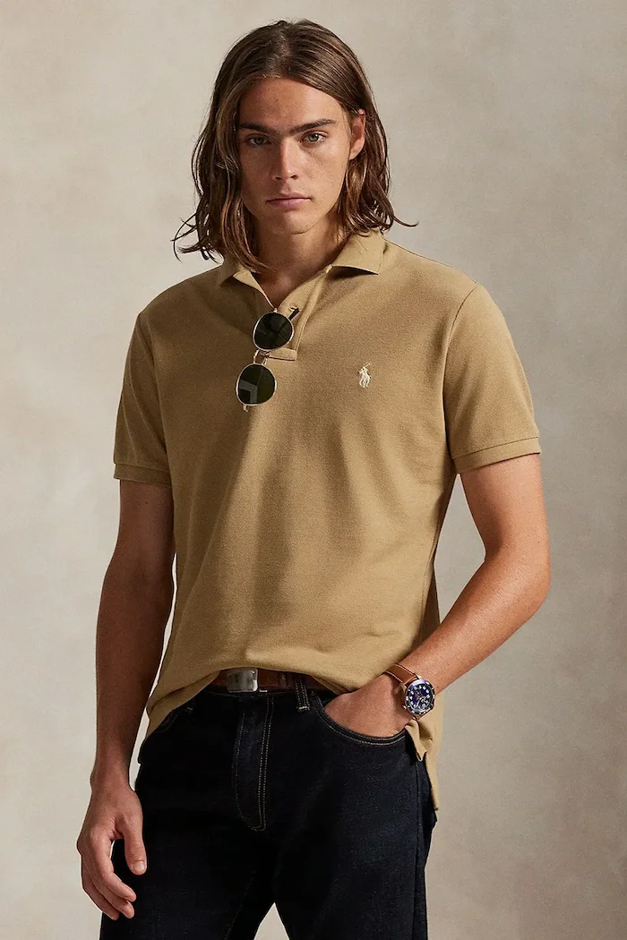 Polo Ralph Lauren тениска с яка мъжка от памук бежова 710680784