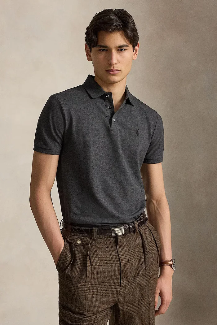 Polo Ralph Lauren тениска с яка мъжка от памук с еластан сива 710941439