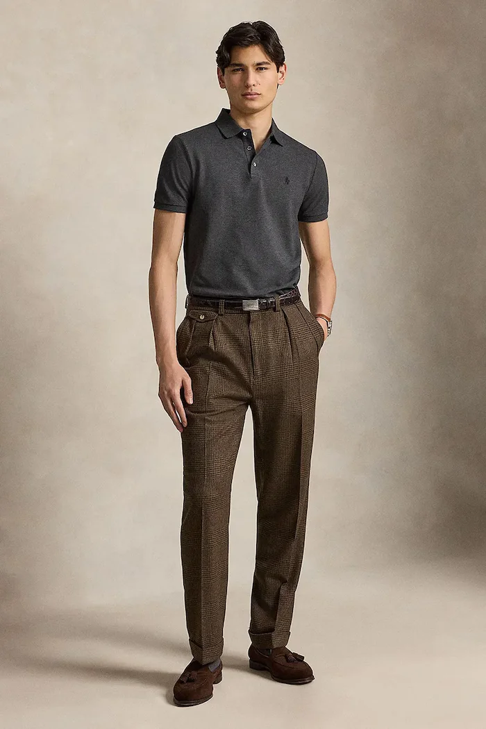 Polo Ralph Lauren тениска с яка мъжка от памук с еластан сива 710941439