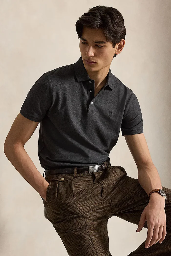 Polo Ralph Lauren тениска с яка мъжка от памук с еластан сива 710941439