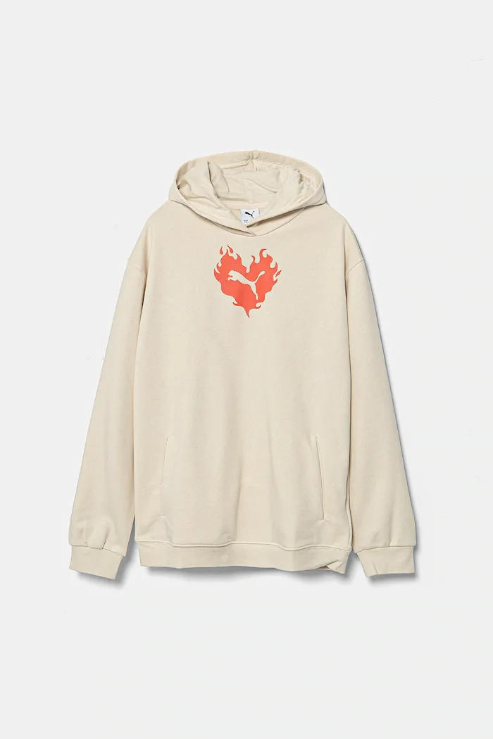 Puma Памучен суичър FLAMING LOVE Hoodie TR в бежово с качулка с принт 685109