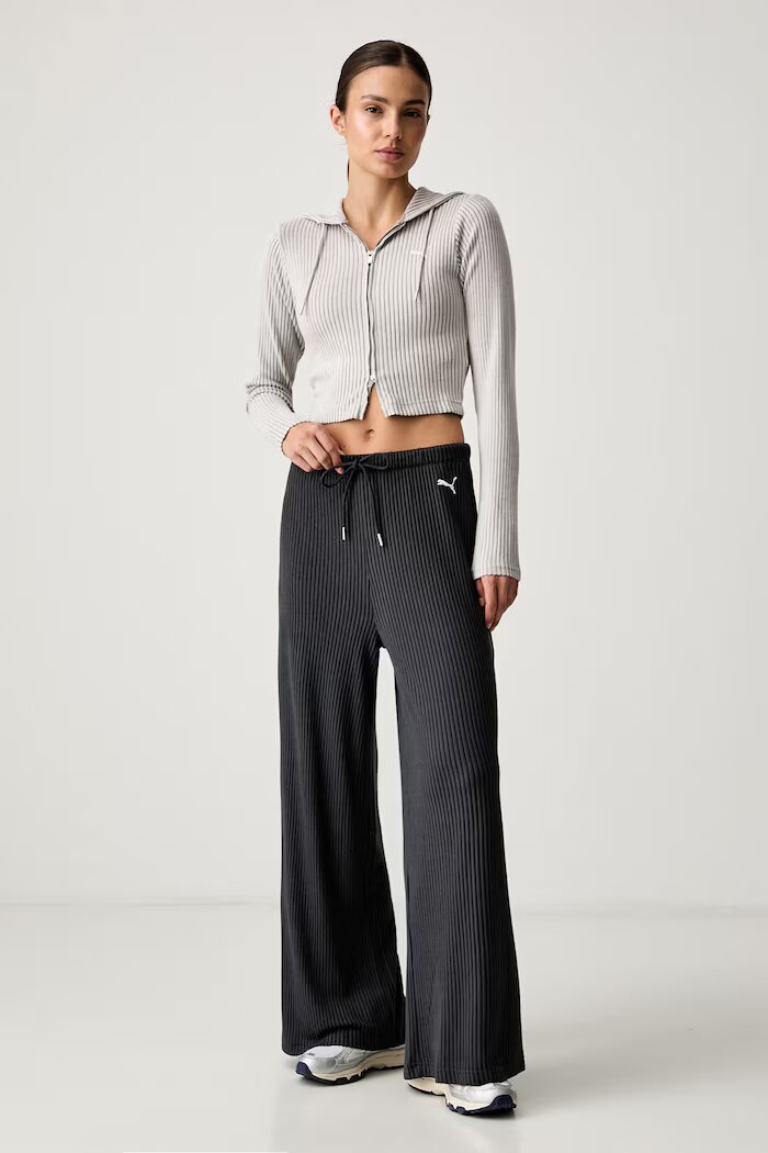 Puma спортен панталон дамски с вискоза Essentials Ribbed сив с висока талия 636667