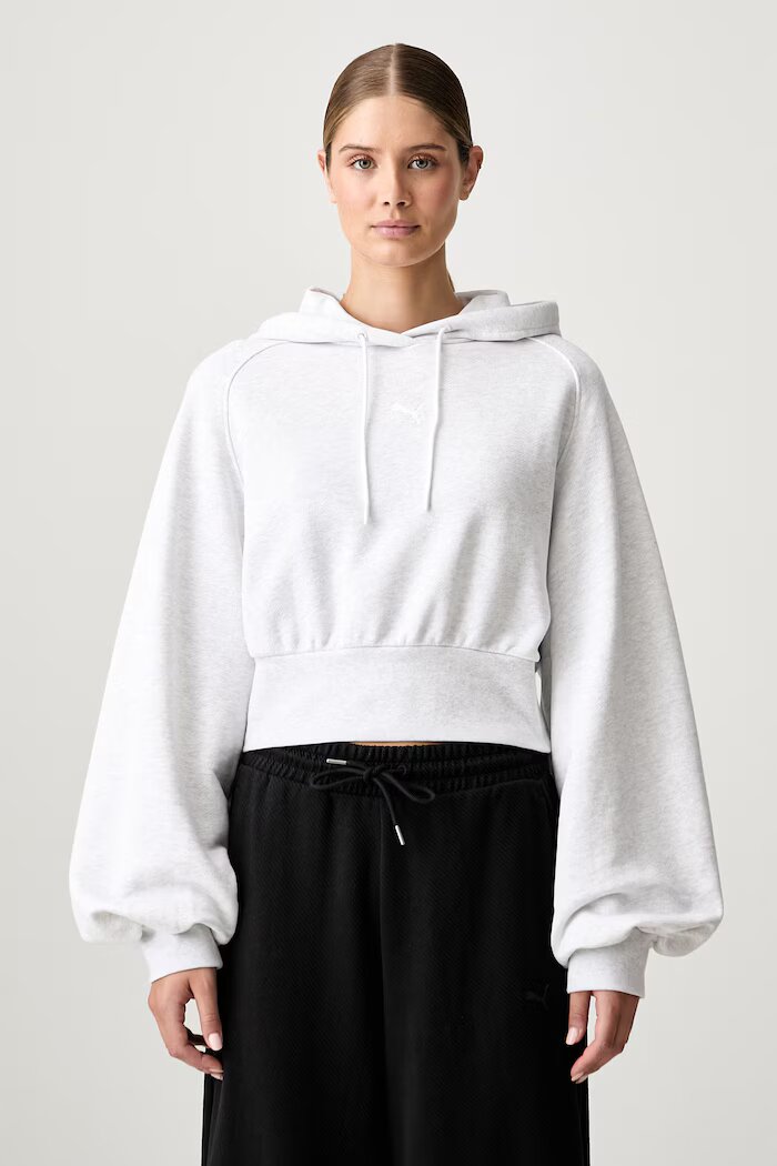 Puma суичър с качулка дамски от памук Essentials Cropped Balloon сив 636671
