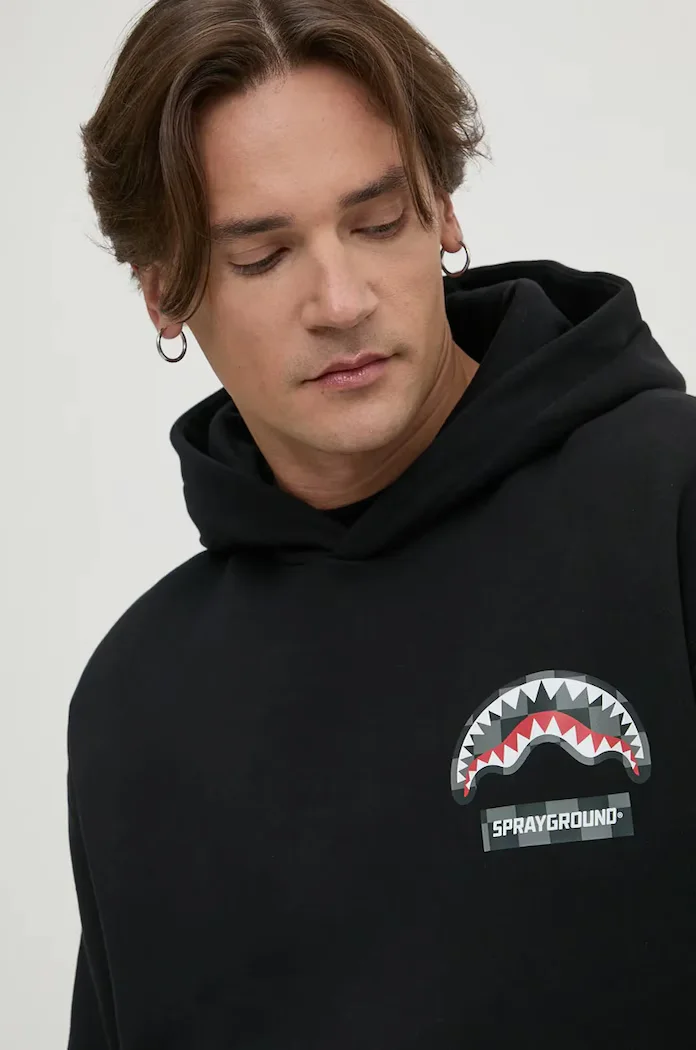 Sprayground Памучен суичър в черно с качулка с принт SP678