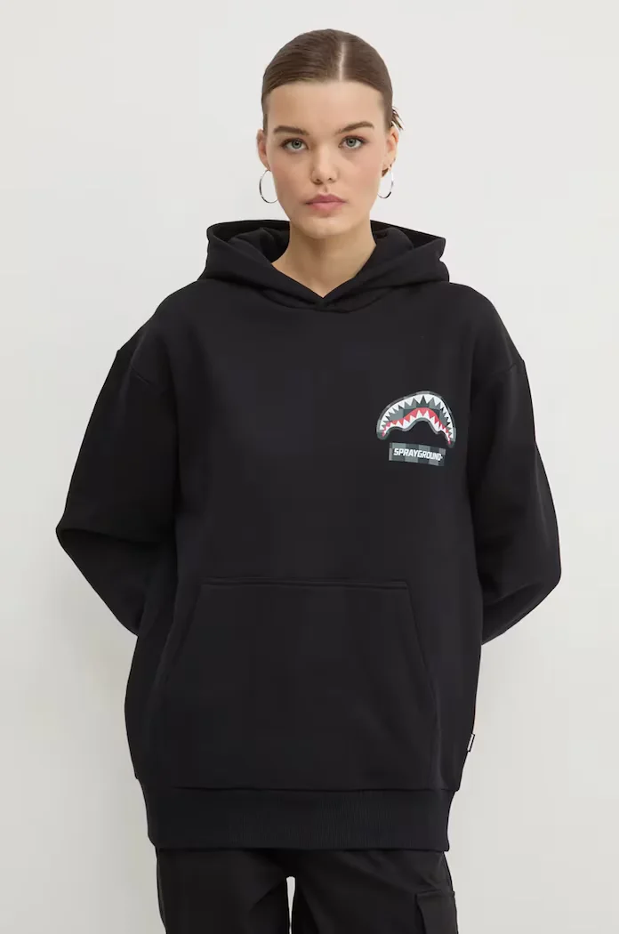 Sprayground Памучен суичър в черно с качулка с принт SP678
