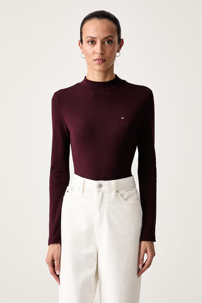 Tommy Hilfiger блуза с дълги ръкави дамска от памук бордо WW0WW47307
