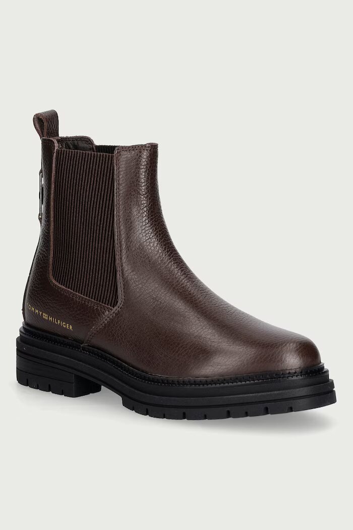Tommy Hilfiger боти челси дамски от кожа TH EMBOSS GRAIN LEATHER CHELSEA кафяви FW0FW09559