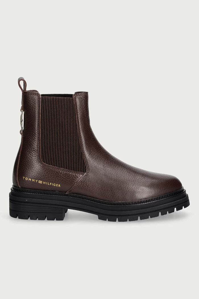 Tommy Hilfiger боти челси дамски от кожа TH EMBOSS GRAIN LEATHER CHELSEA кафяви FW0FW09559