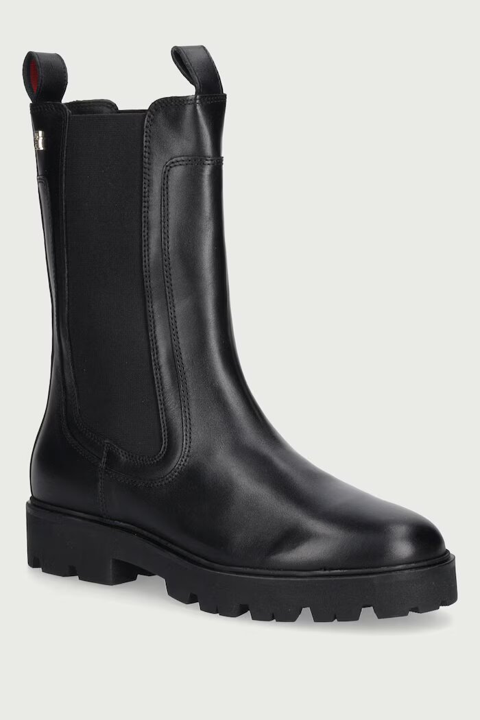 Tommy Hilfiger боти челси дамски от кожа TH STUD LEATHER HIGH CHELSEA черни FW0FW09570
