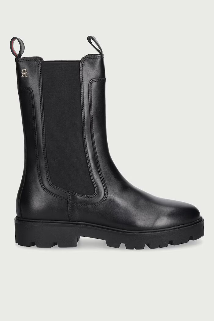 Tommy Hilfiger боти челси дамски от кожа TH STUD LEATHER HIGH CHELSEA черни FW0FW09570