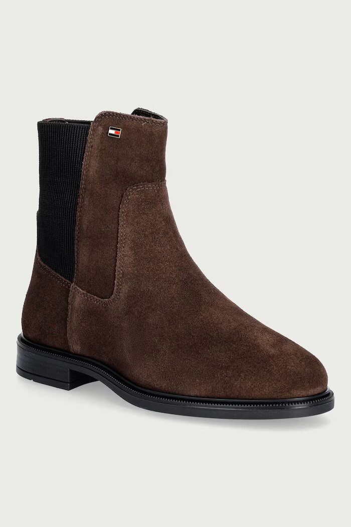 Tommy Hilfiger боти челси дамски от велур ENAMEL FLAG SUEDE ANKLE CHELSEA кафяви FW0FW09575