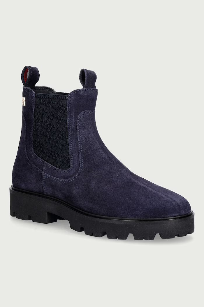 Tommy Hilfiger боти челси дамски от велур TH MONOGRAM SUEDE CHELSEA BOOT тъмносини FW0FW09563