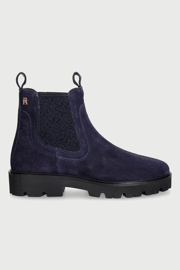 Tommy Hilfiger боти челси дамски от велур TH MONOGRAM SUEDE CHELSEA BOOT тъмносини FW0FW09563