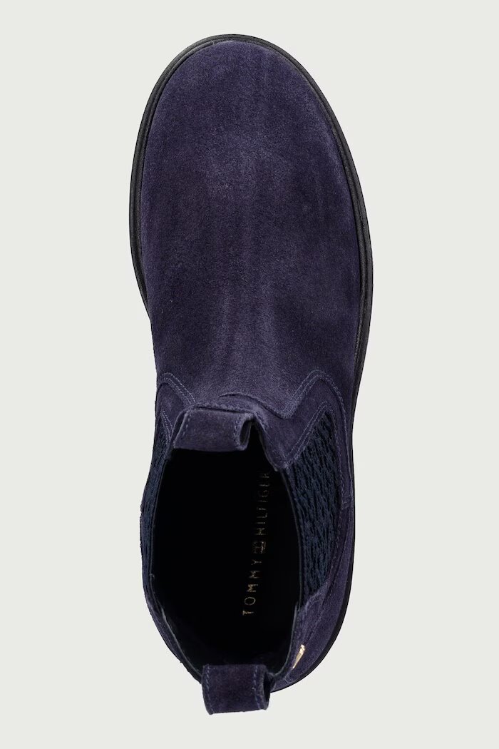 Tommy Hilfiger боти челси дамски от велур TH MONOGRAM SUEDE CHELSEA BOOT тъмносини FW0FW09563
