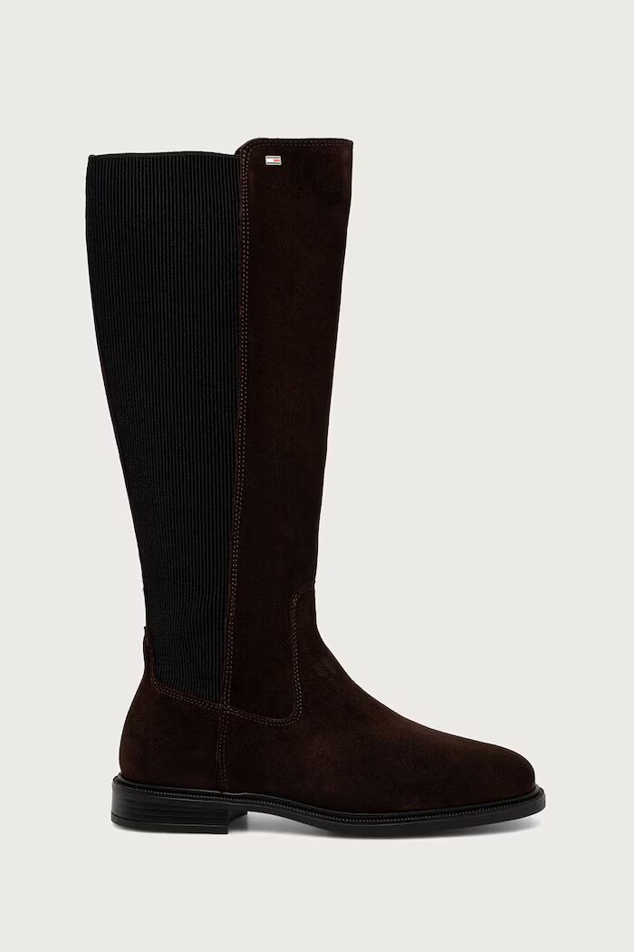 Tommy Hilfiger ботуши под коляното дамски от велур ENAMEL FLAG SUEDE HIGH CHELSEA кафяви FW0FW09574