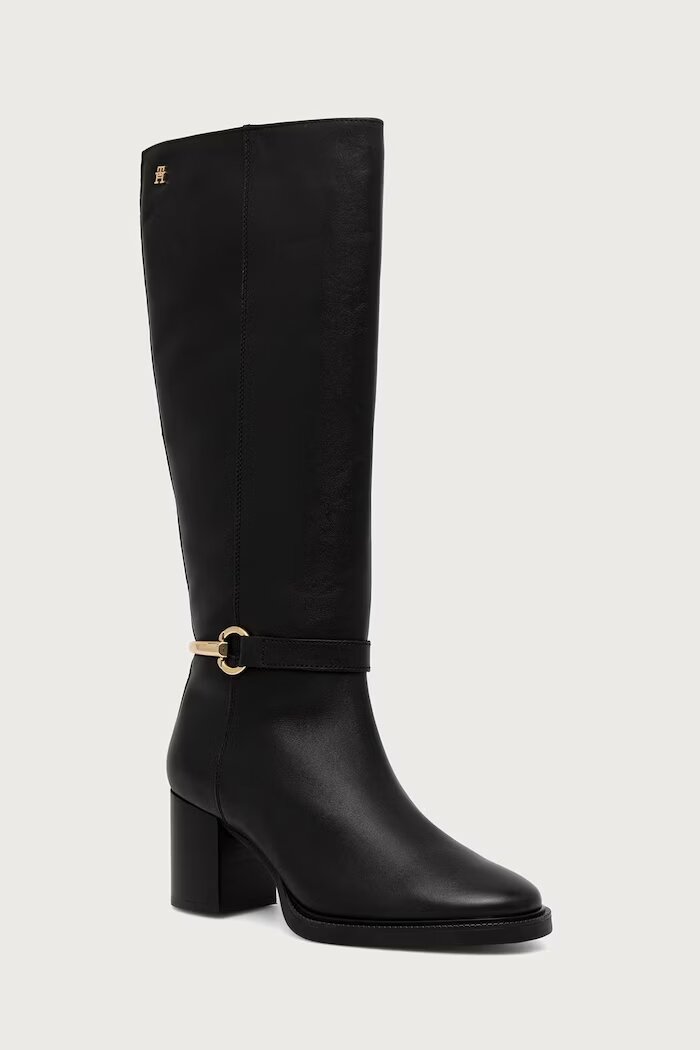 Tommy Hilfiger ботуши под коляното с дебел ток дамски от кожа TH STUD HEEL RIDING KNEE BOOT черни FW0FW09551