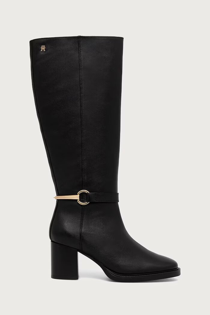 Tommy Hilfiger ботуши под коляното с дебел ток дамски от кожа TH STUD HEEL RIDING KNEE BOOT черни FW0FW09551
