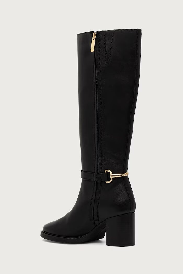 Tommy Hilfiger ботуши под коляното с дебел ток дамски от кожа TH STUD HEEL RIDING KNEE BOOT черни FW0FW09551