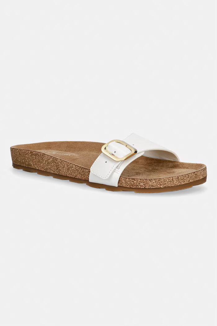 Tommy Hilfiger чехли дамски от кожа TH CLASSIC CORK SANDAL PEARL LTH бели FW0FW09344