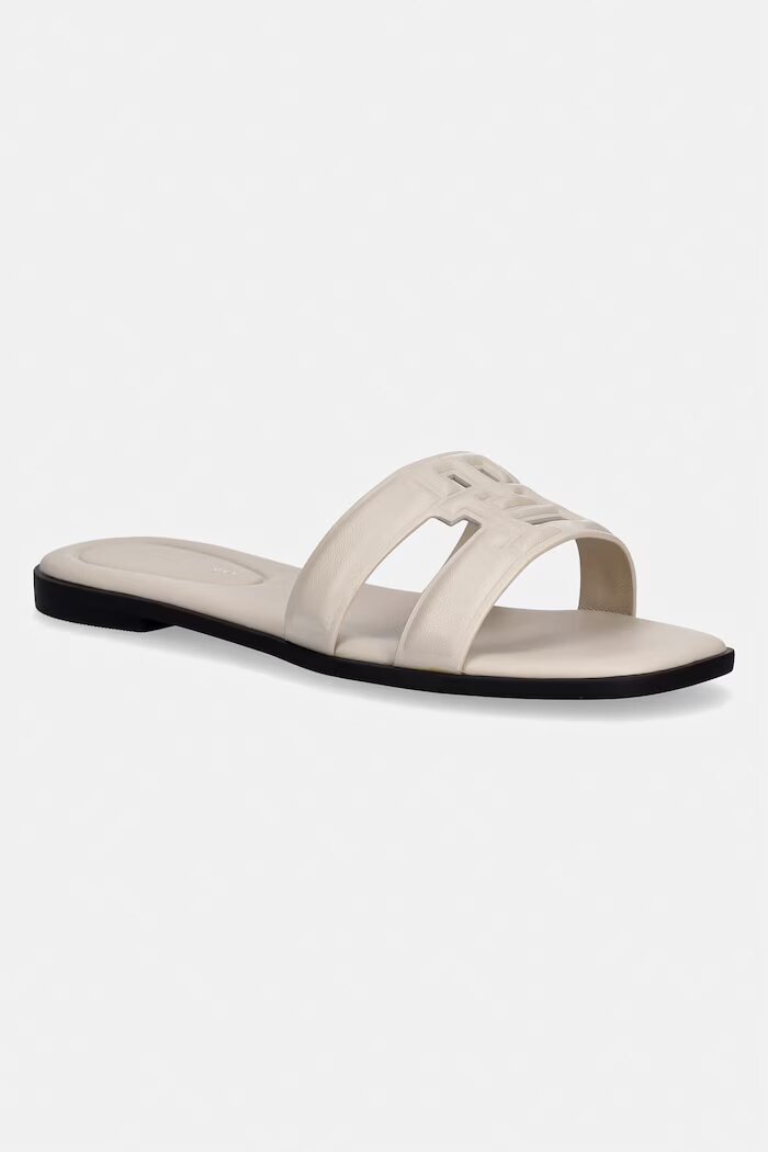 Tommy Hilfiger чехли с равна подметка дамски кожени TH LOGO STRAP MULE бежови FW0FW08671