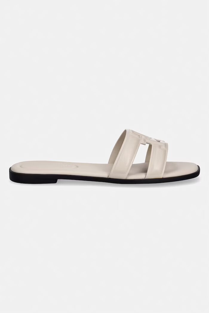 Tommy Hilfiger чехли с равна подметка дамски кожени TH LOGO STRAP MULE бежови FW0FW08671