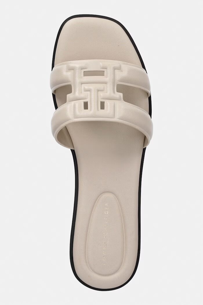 Tommy Hilfiger чехли с равна подметка дамски кожени TH LOGO STRAP MULE бежови FW0FW08671