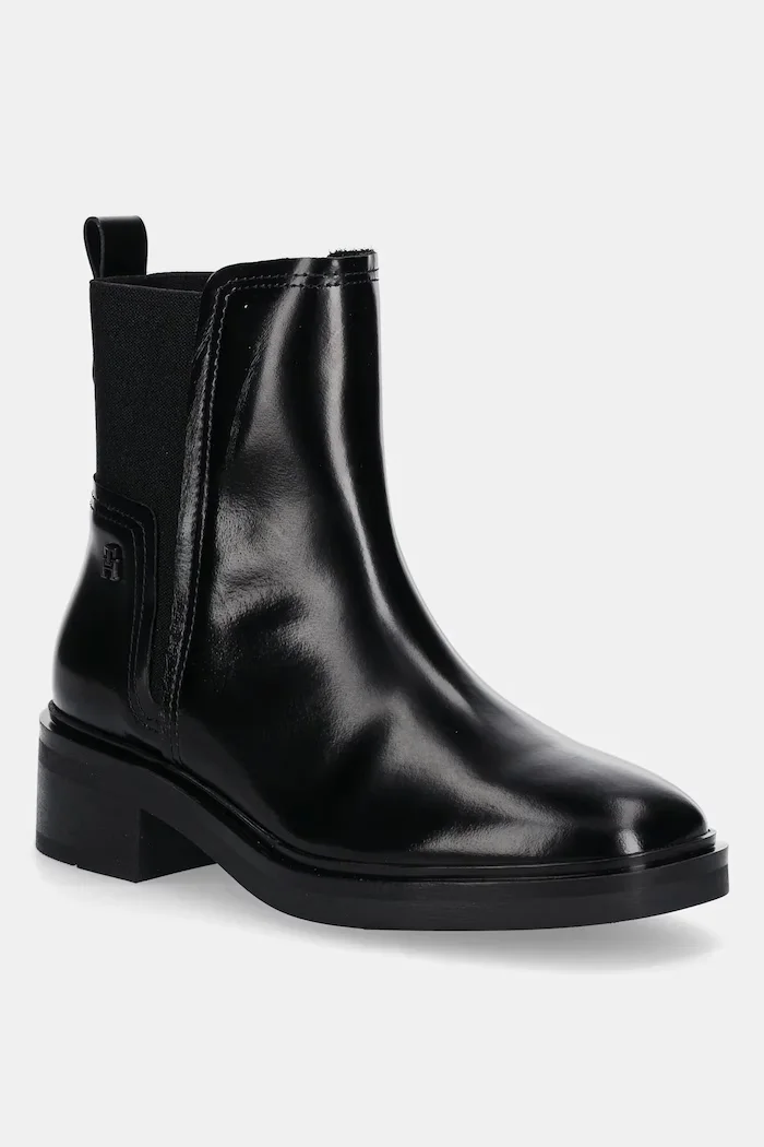 Tommy Hilfiger Кожени боти челси MINIMAL ABRASIVATO CHELSEA в черно с дебел ток FW0FW08764