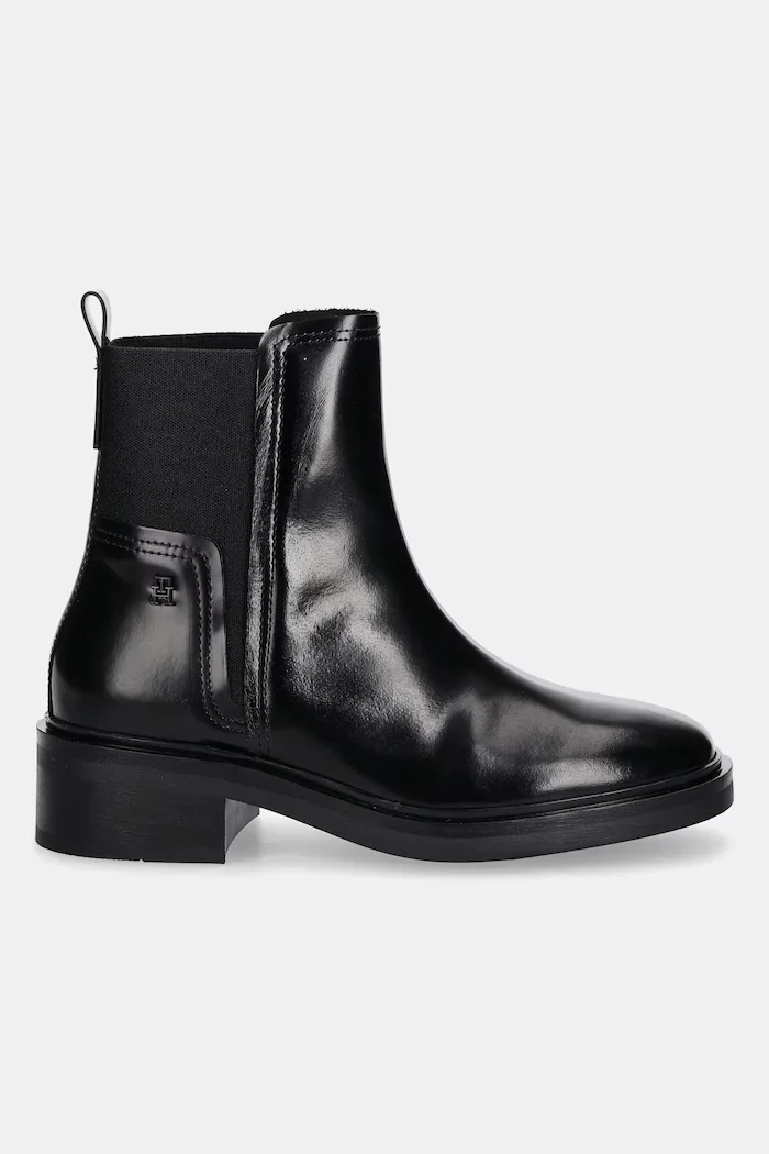 Tommy Hilfiger Кожени боти челси MINIMAL ABRASIVATO CHELSEA в черно с дебел ток FW0FW08764
