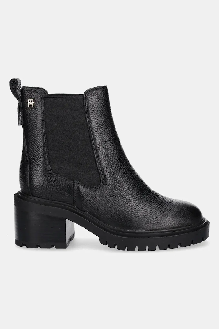 Tommy Hilfiger Кожени боти челси TH LEATHER CHELSEA CLEATED HEEL в черно с дебел ток FW0FW08774