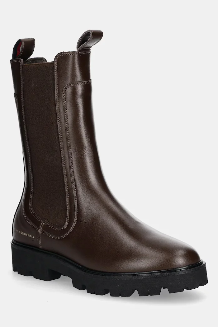Tommy Hilfiger Кожени боти челси TH LTHR MID CHELSEA в кафяво с равна подметка FW0FW08770