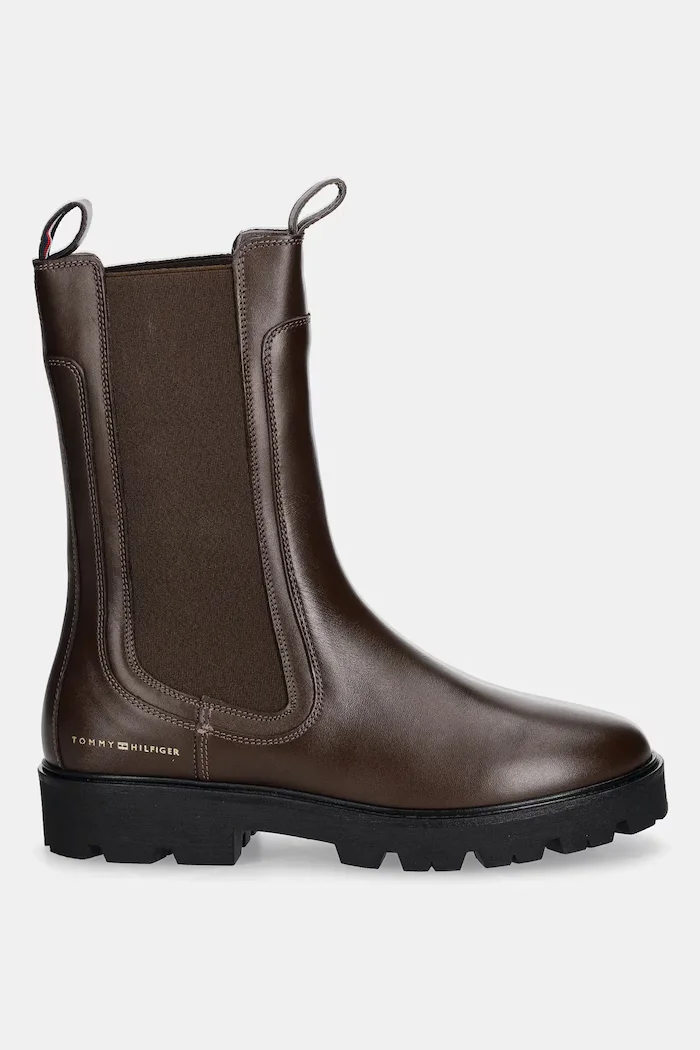 Tommy Hilfiger Кожени боти челси TH LTHR MID CHELSEA в кафяво с равна подметка FW0FW08770