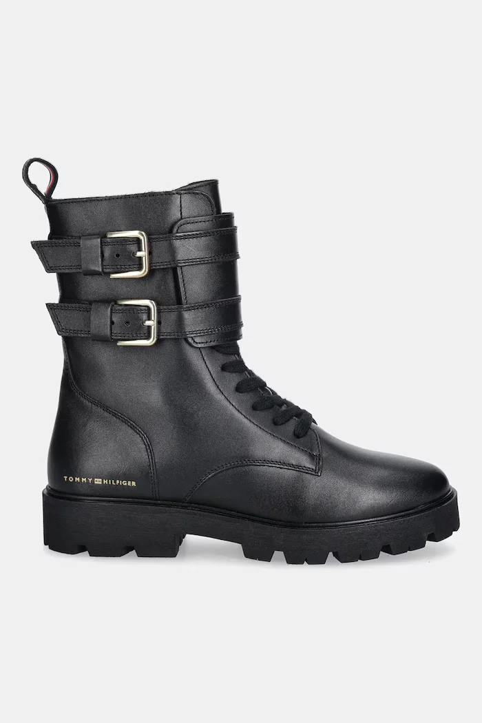 Tommy Hilfiger Кожени боти TH LTHR BIKER LACEUP в черно с равна подметка FW0FW08986