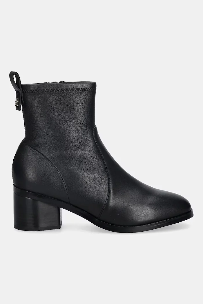 Tommy Hilfiger Кожени боти TH STRETCH LEATHER BOOTIE в черно с дебел ток FW0FW08860