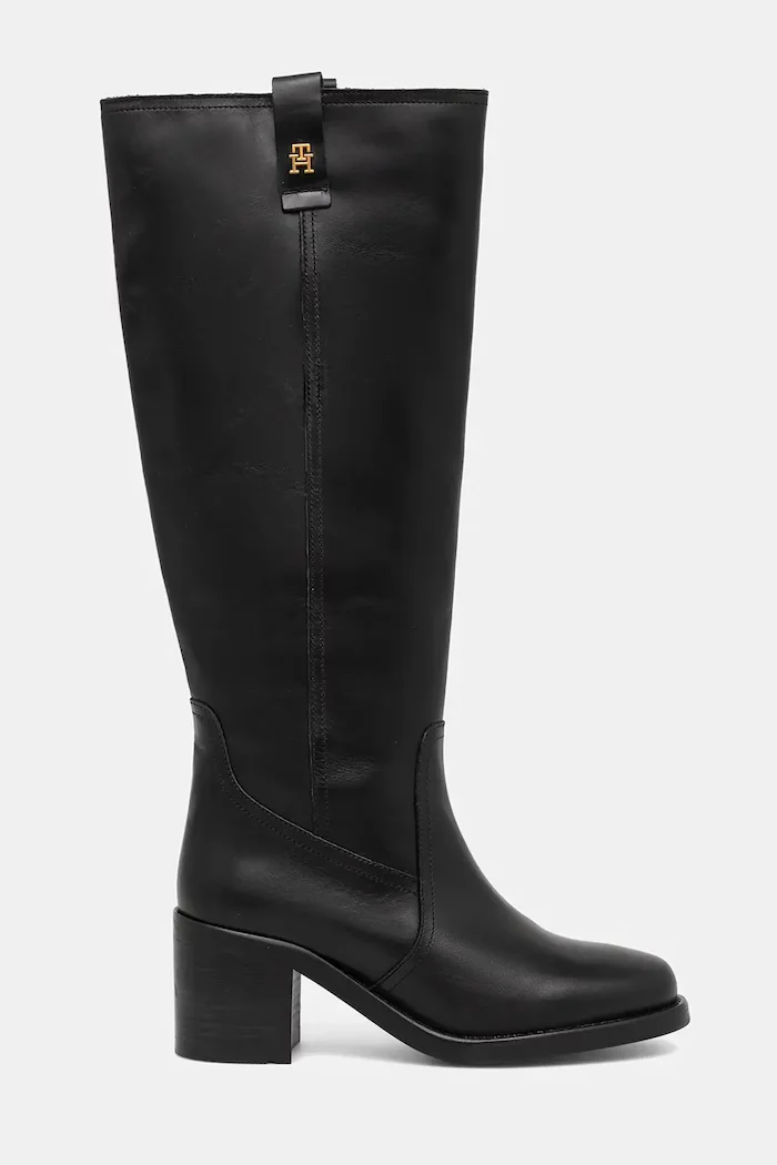 Tommy Hilfiger Кожени ботуши RIDING LTHR LONG BOOT BLOCK HEEL в черно с дебел ток FW0FW08777