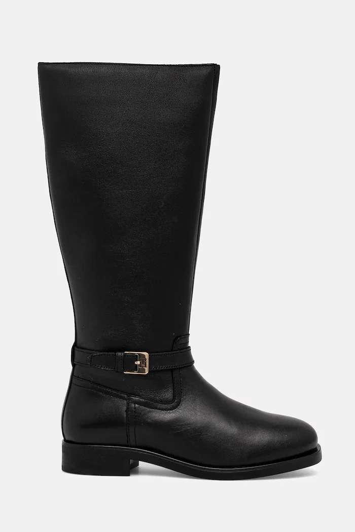 Tommy Hilfiger Кожени ботуши TH BUCKLE RIDING LTHR LONG BOOT в черно с равна подметка FW0FW08873