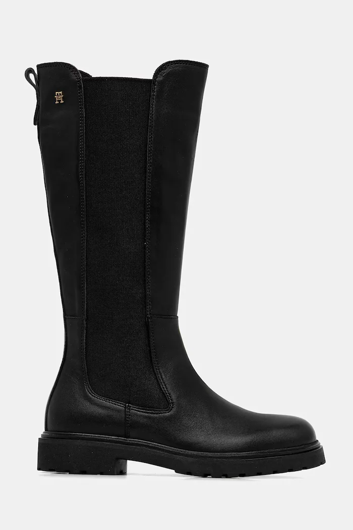 Tommy Hilfiger Кожени ботуши TH LTHR CLEATED LONG BOOT в черно с равна подметка FW0FW08985