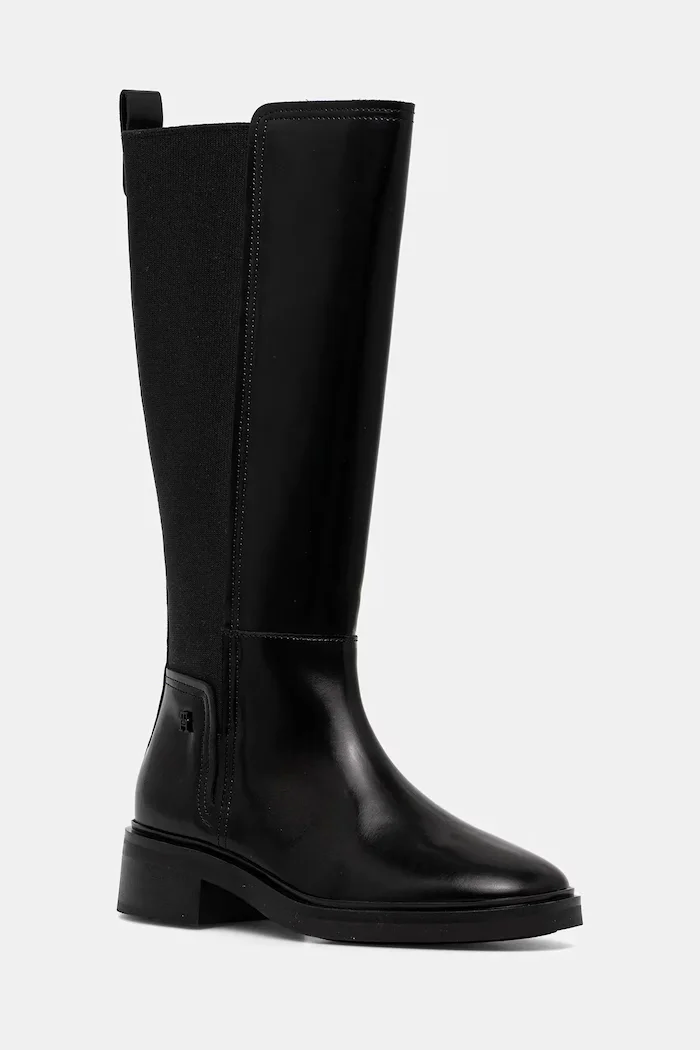 Tommy Hilfiger Кожени ботуши TH MINIMAL ABRASIVATO LONG BOOT в черно с дебел ток FW0FW08979