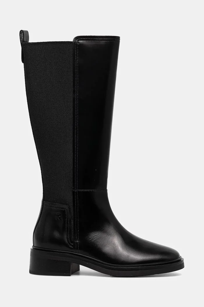 Tommy Hilfiger Кожени ботуши TH MINIMAL ABRASIVATO LONG BOOT в черно с дебел ток FW0FW08979