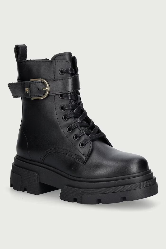 Tommy Hilfiger кубинки дамски от кожа LEATHER TH BUCKLED LACE-UP BOOT черни FW0FW09550